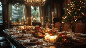 Elegant dinner table setting with candles and festive decor for a cozy celebration